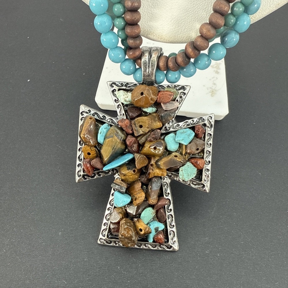 Vintage Southwestern Cross Pendant Necklace Turquoise Tiger Eye Jasper Stones - Picture 2 of 12